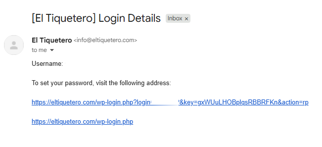 Password setup email in inbox on desktop