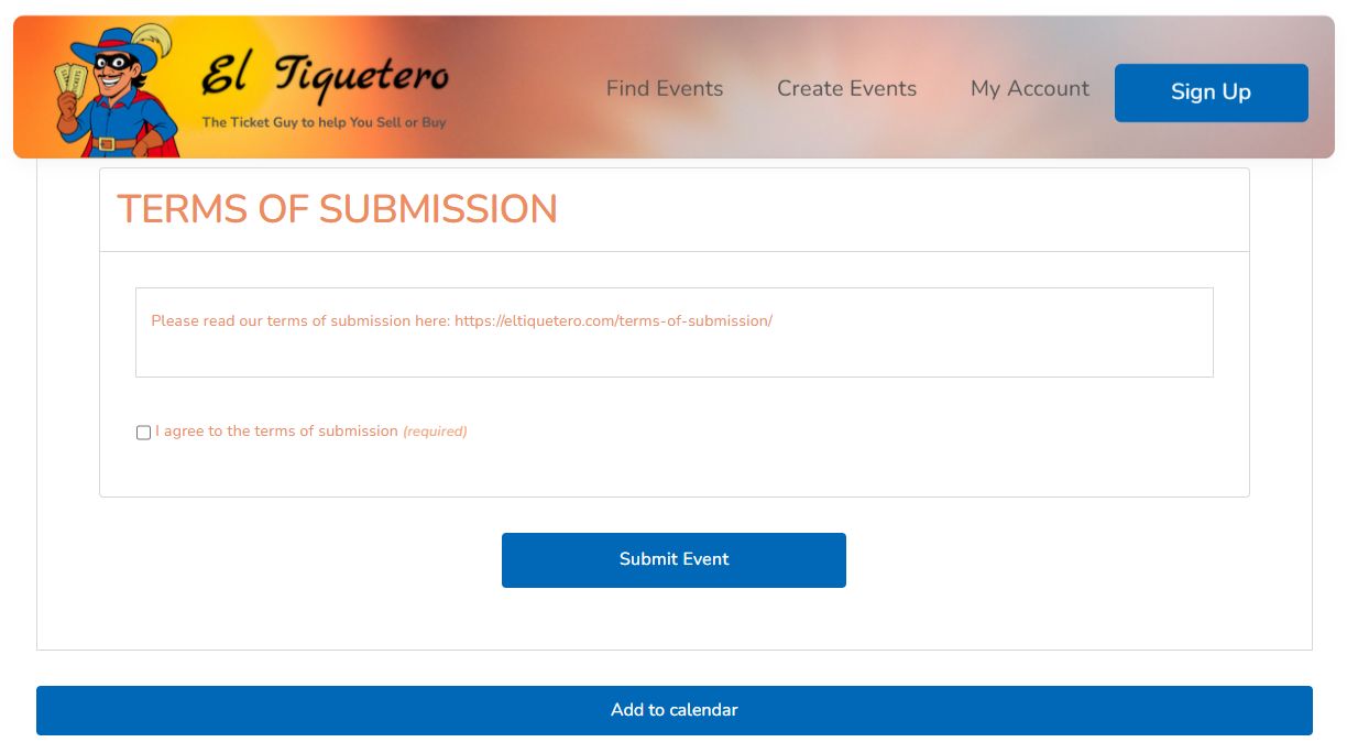 Terms of Submission checkbox and Submit button – desktop