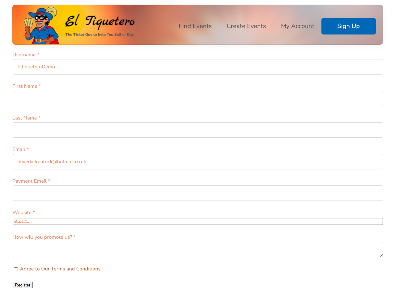 Affiliate registration form – desktop