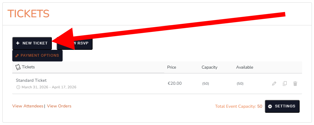 + New Ticket button in the Tickets section – desktop