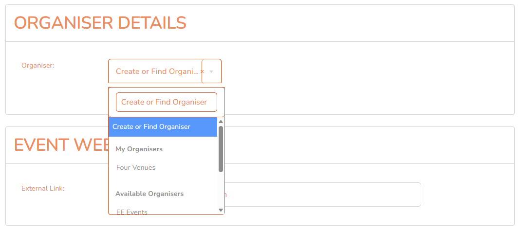 Organiser section showing My Organisers dropdown – desktop