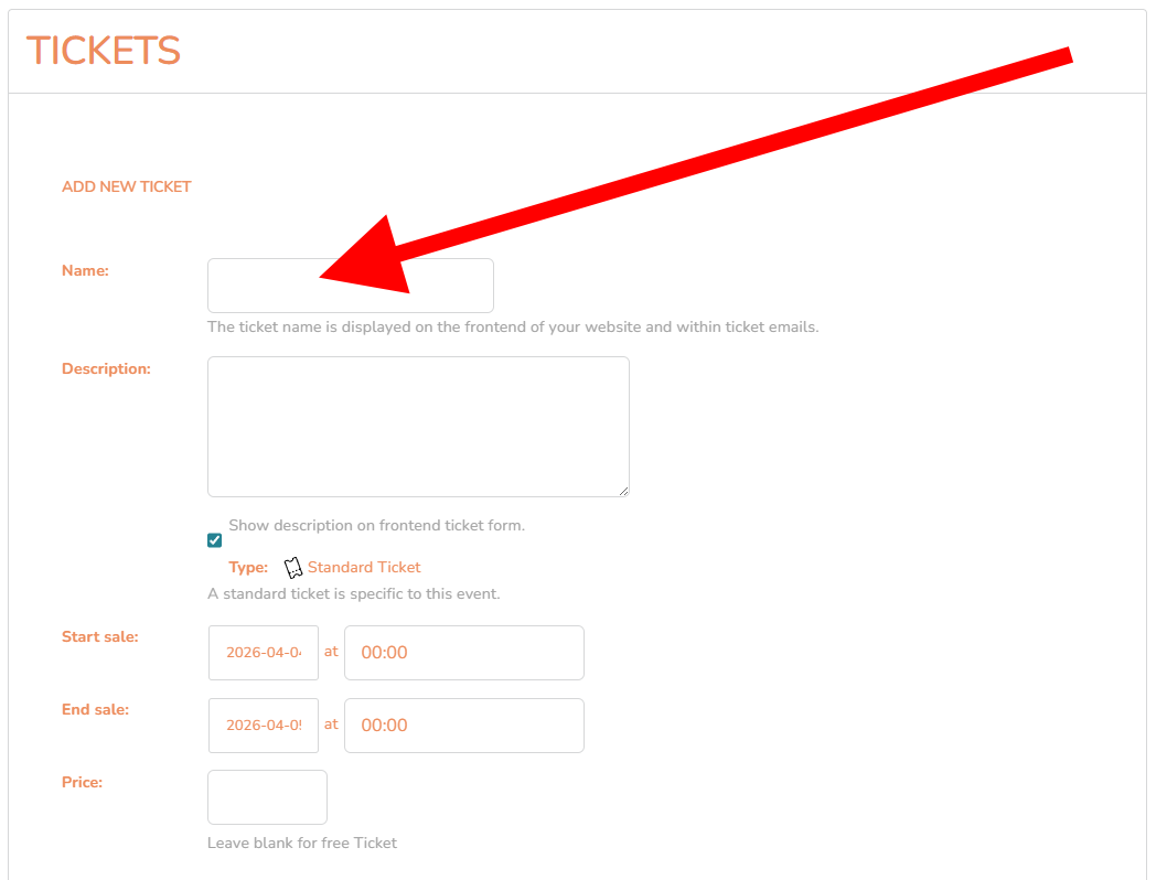 Ticket Name field – desktop