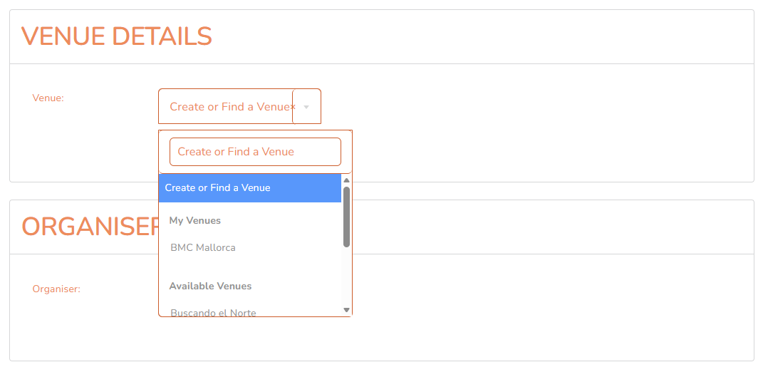 Venue section with new venue form expanded – desktop