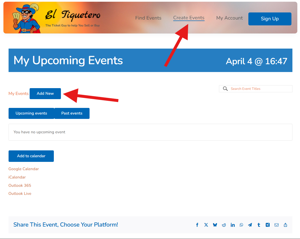 Create Events in the navigation menu – desktop