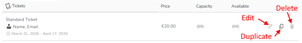 Saved ticket showing Edit, Duplicate and Delete options