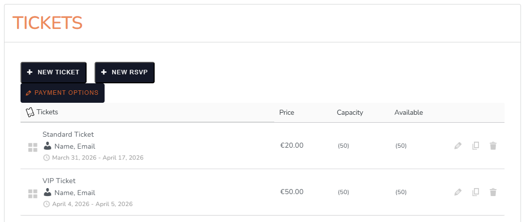 Multiple ticket types added to the same event