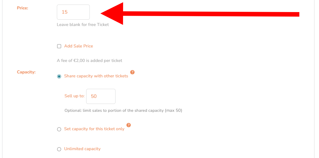 Price field and Capacity options – desktop