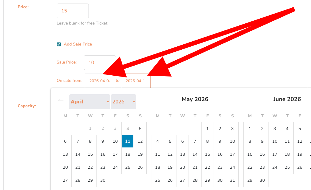 Start Sale and End Sale date/time fields – desktop