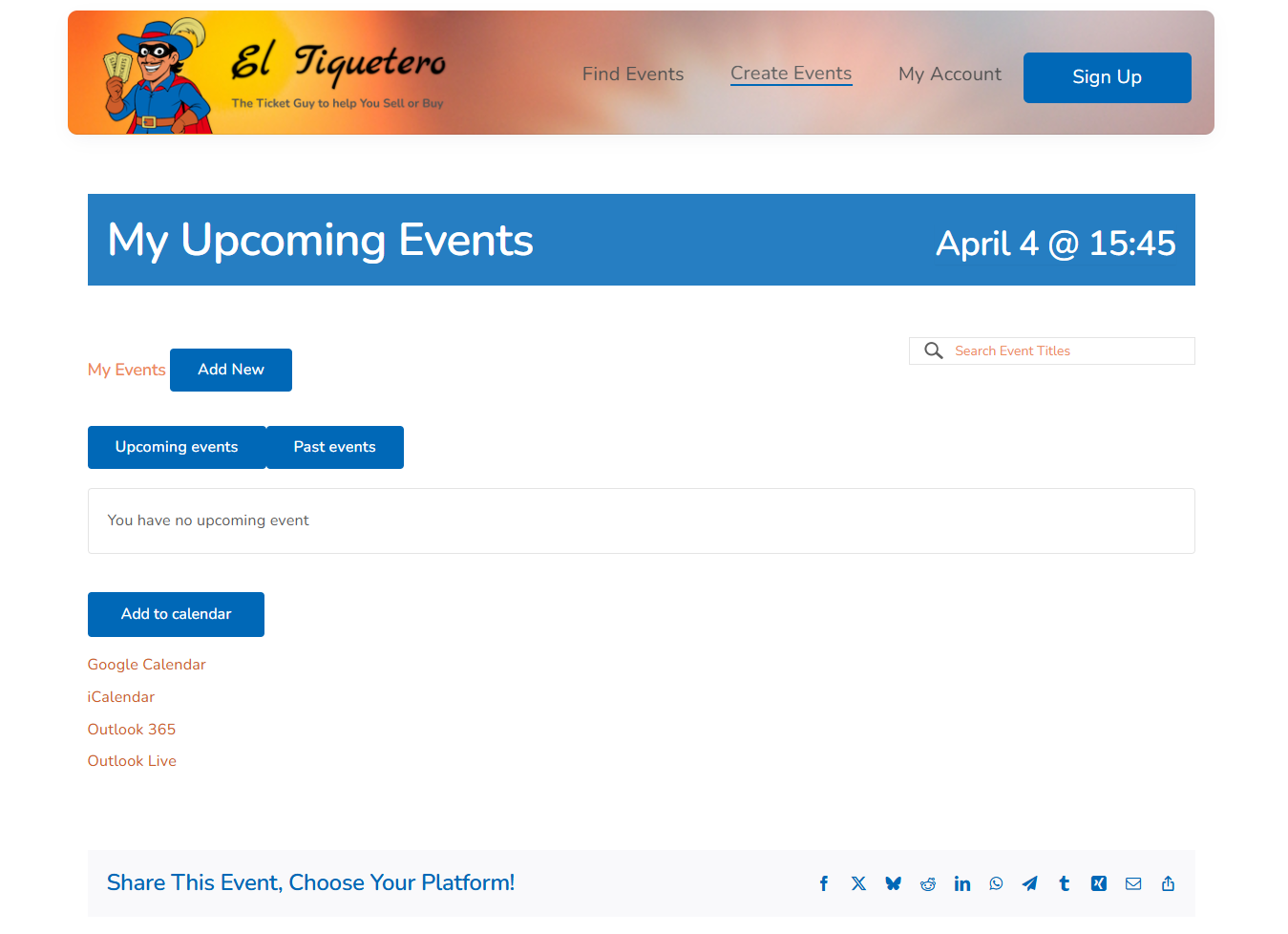 Events dashboard on desktop