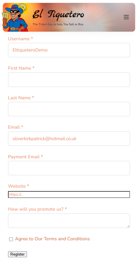 Affiliate registration form – mobile
