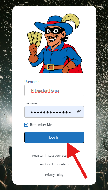 Log in screen on mobile