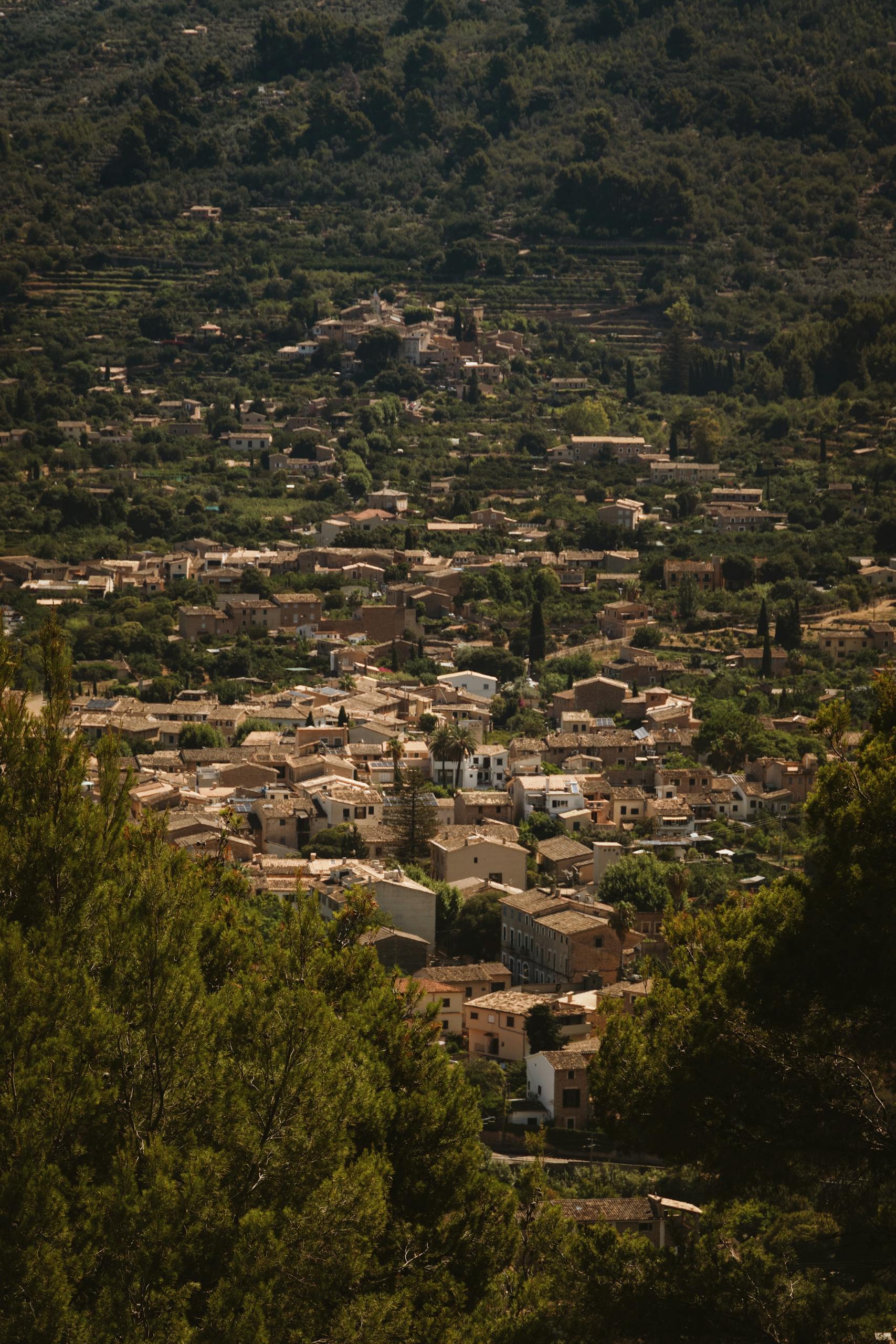 Captivating aerial view of a picturesque Mediterranean village nestled in Mallorca's lush landscape.