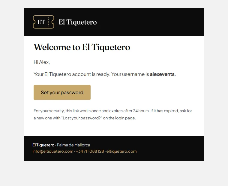 The Welcome to El Tiquetero email, with a Set your password button