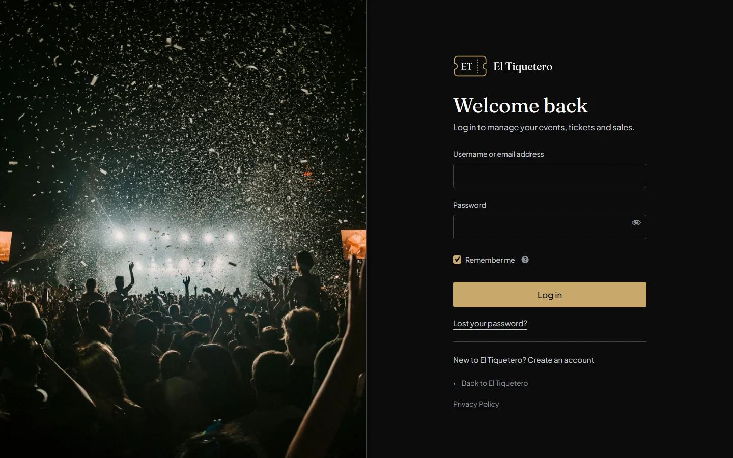 The Welcome back login screen