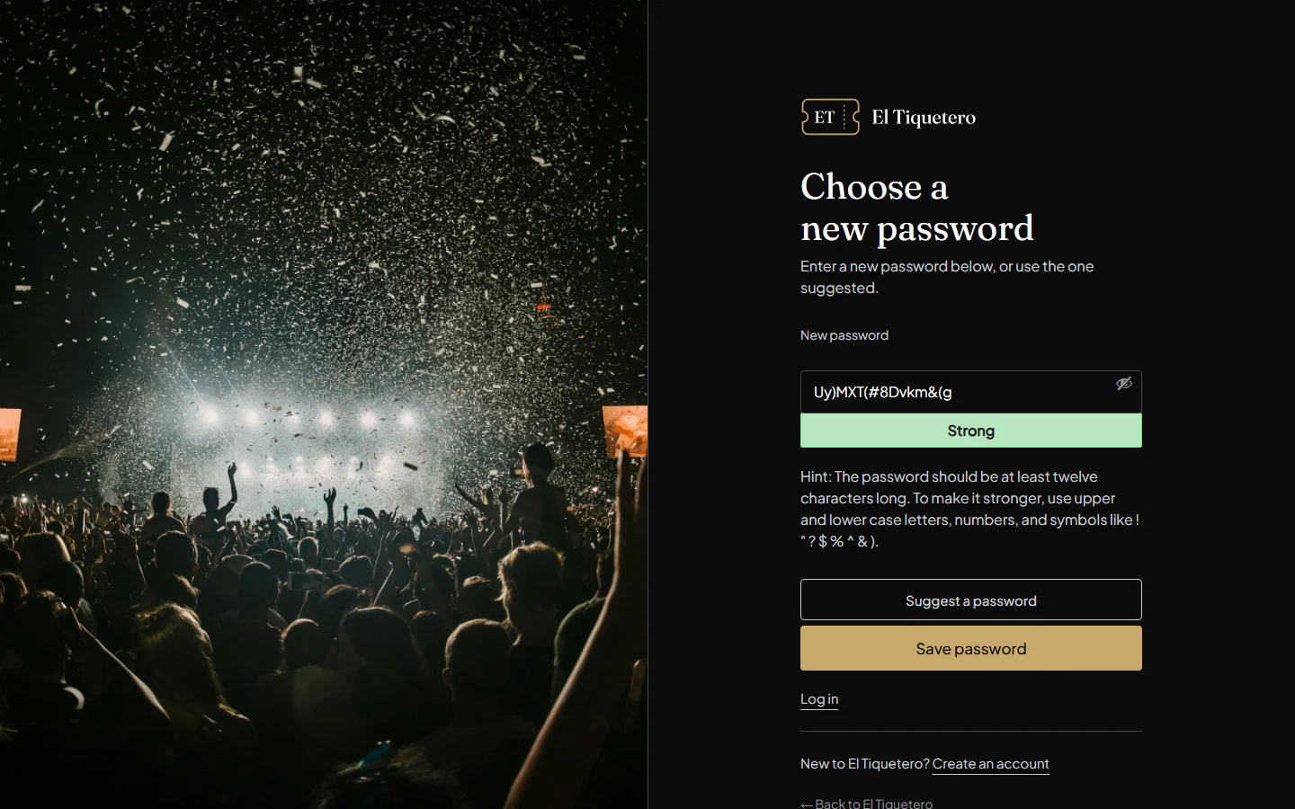 The Choose a new password screen, with a password field and a Save password button