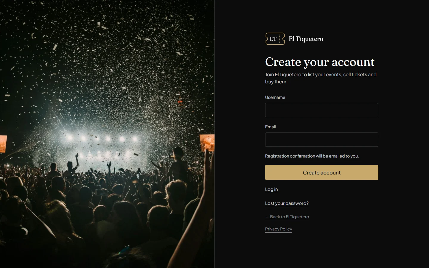 The Create your account screen, with Username and Email fields and a Create account button