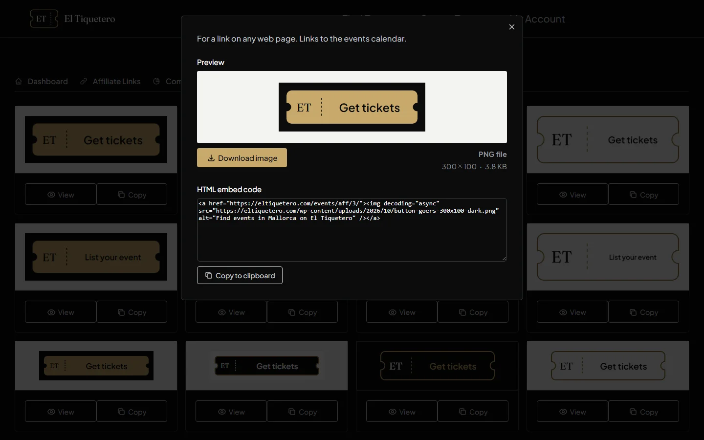 A creative's View window, with a preview, a Download image button, the HTML embed code and Copy to clipboard