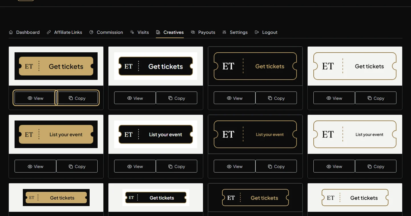 The Creatives tab, a grid of El Tiquetero buttons with View and Copy under each, the first pair outlined