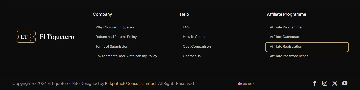 The website footer, with Affiliate Registration outlined under Affiliate Programme