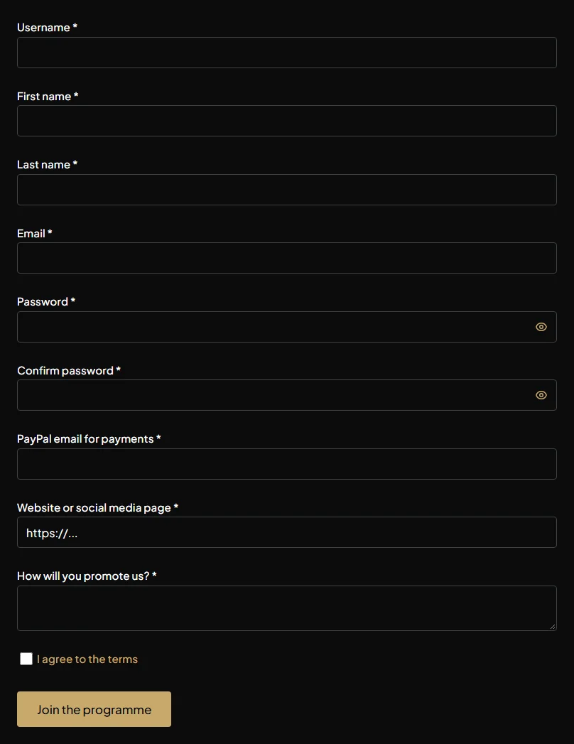 The affiliate registration form