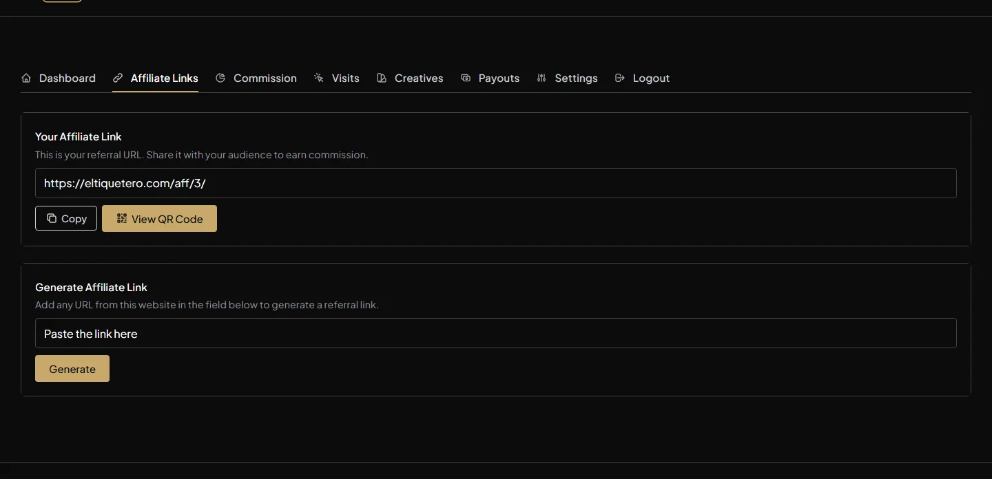The Affiliate Links tab, with the affiliate link, Copy and View QR Code buttons, and Generate Affiliate Link