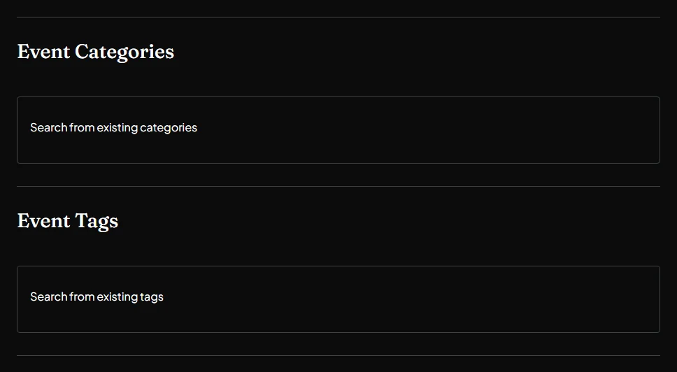 The Event Categories and Event Tags sections