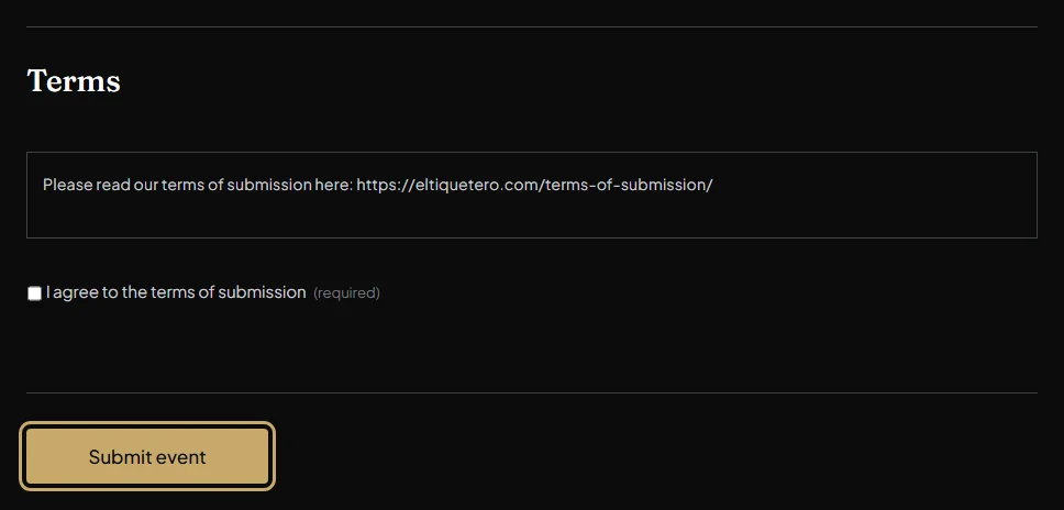 The Terms tick-box and the Submit event button, outlined