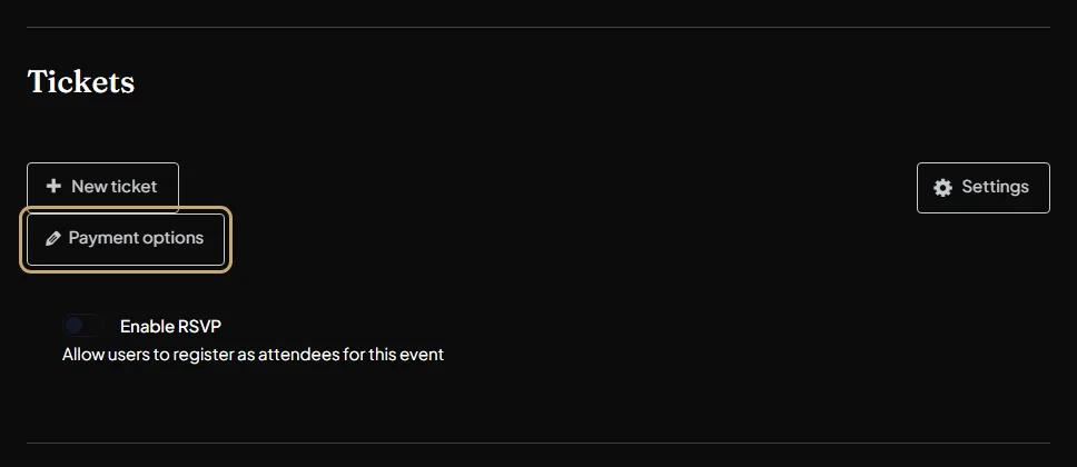 The Tickets section, with the Payment options link outlined