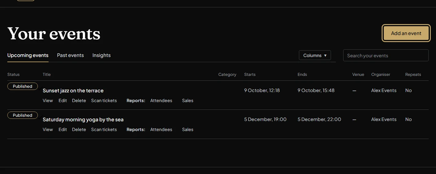 Your events, listing two events, with the Add an event button outlined
