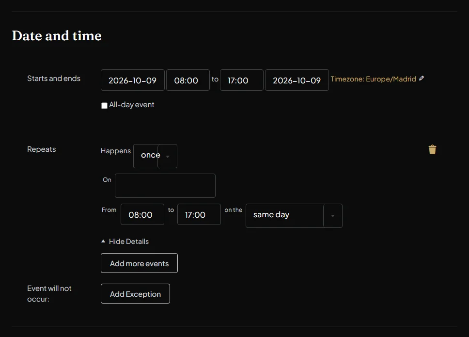 The Date and time section with a repeat rule: Happens, On, From and to, and Add more events