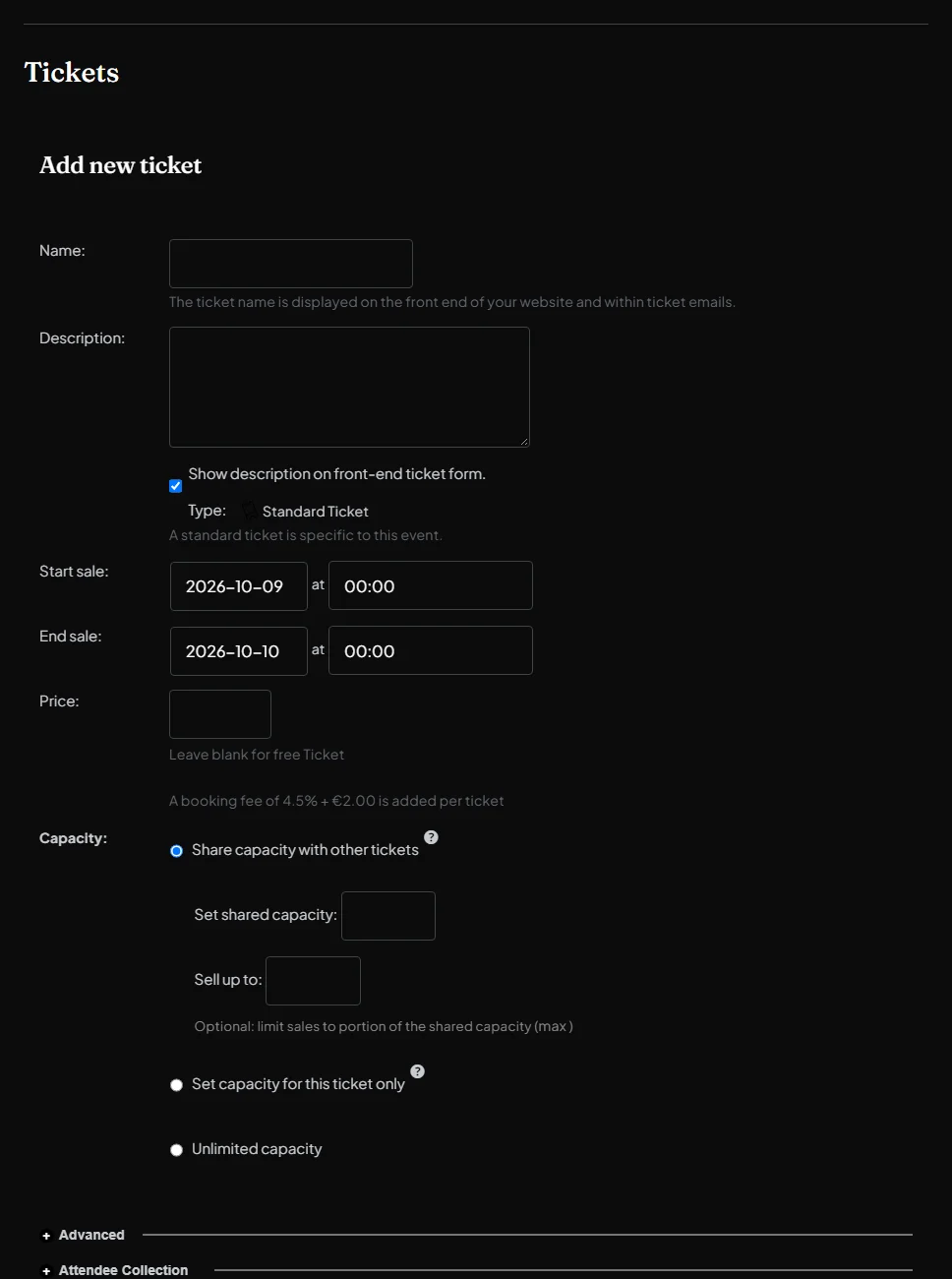 The Add new ticket form, with Name, Description, Start sale, End sale, Price and Capacity