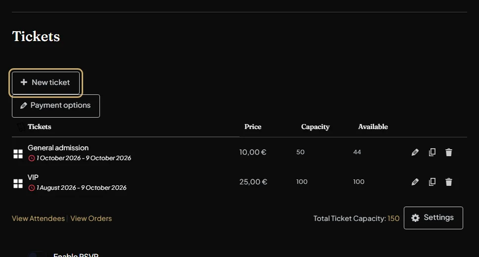 The Tickets section of an event with two tickets, and the New ticket button outlined