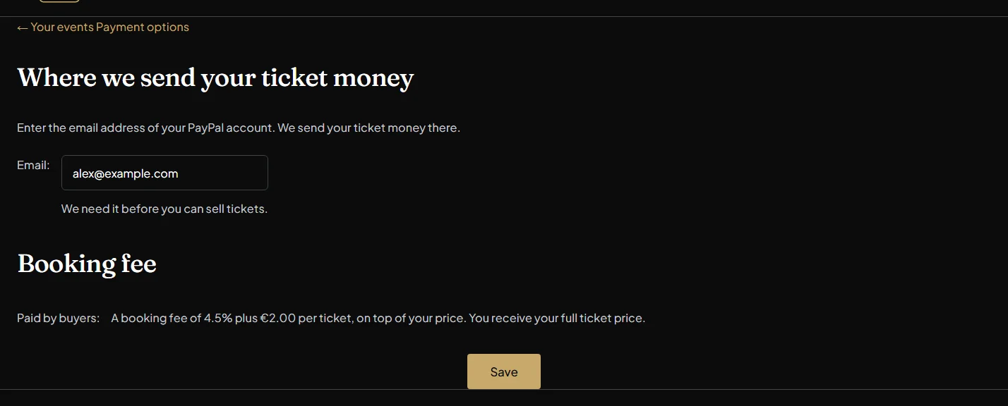 The Payment options page, with a PayPal email field and the booking fee